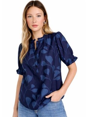 Apiece Apart “Los Altos” Blue Leaf Print Cotton/Silk Blouse Size XS Like New!